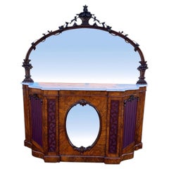 Antique Victorian Walnut & Marble Topped Carved Mirror Backed Sideboard Credenza