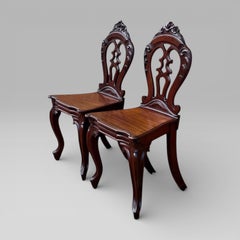 Antique Pair of Victorian Carved Mahogany Hall Chairs