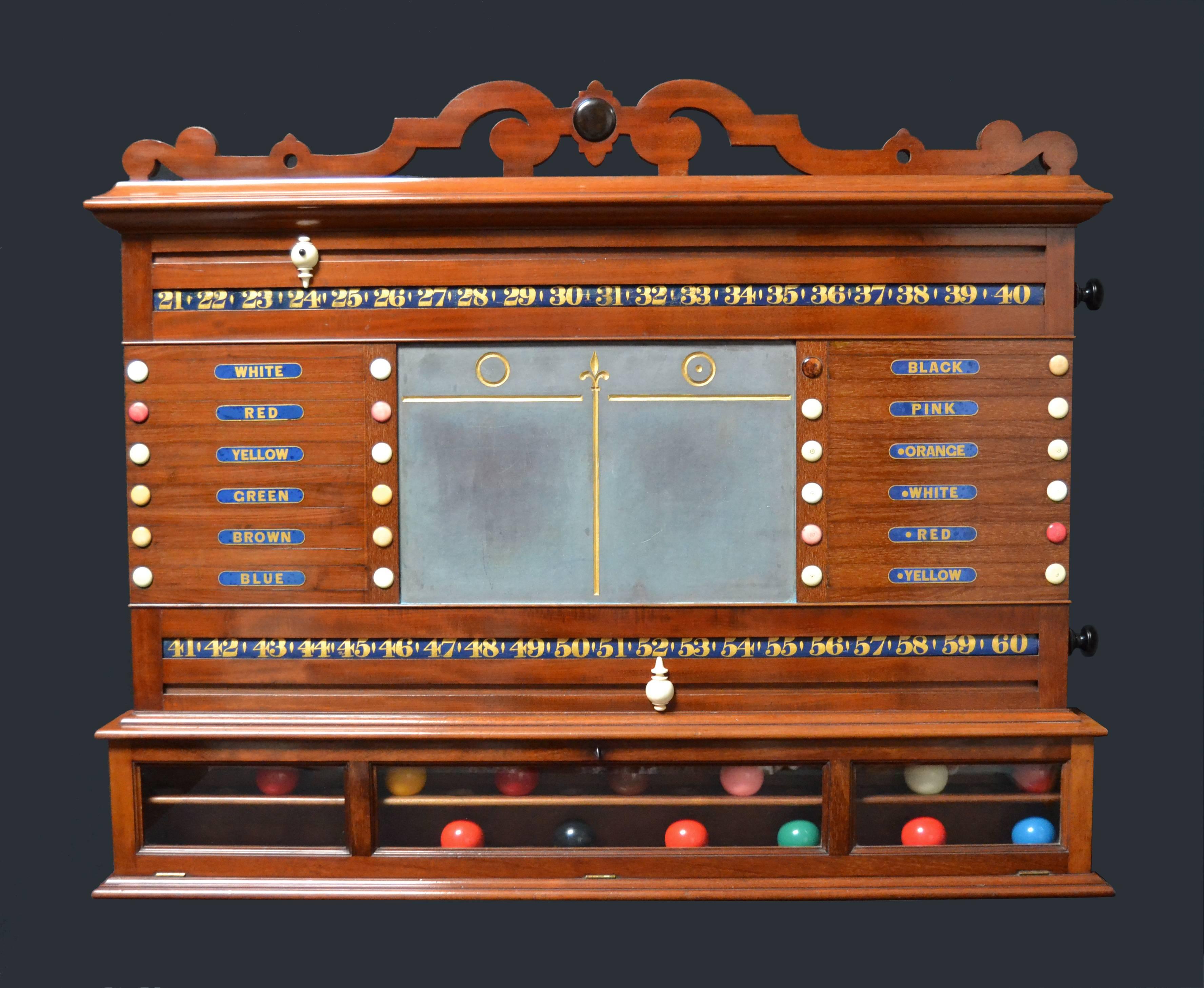 A beautifully made mahogany combination scoring cabinet circa 1870 with facility to score Billiards, snooker and life pool, central slate panel with fleur-de-lis, flanked by revolving number bars and lettered life pool panels with inlaid ebony and
