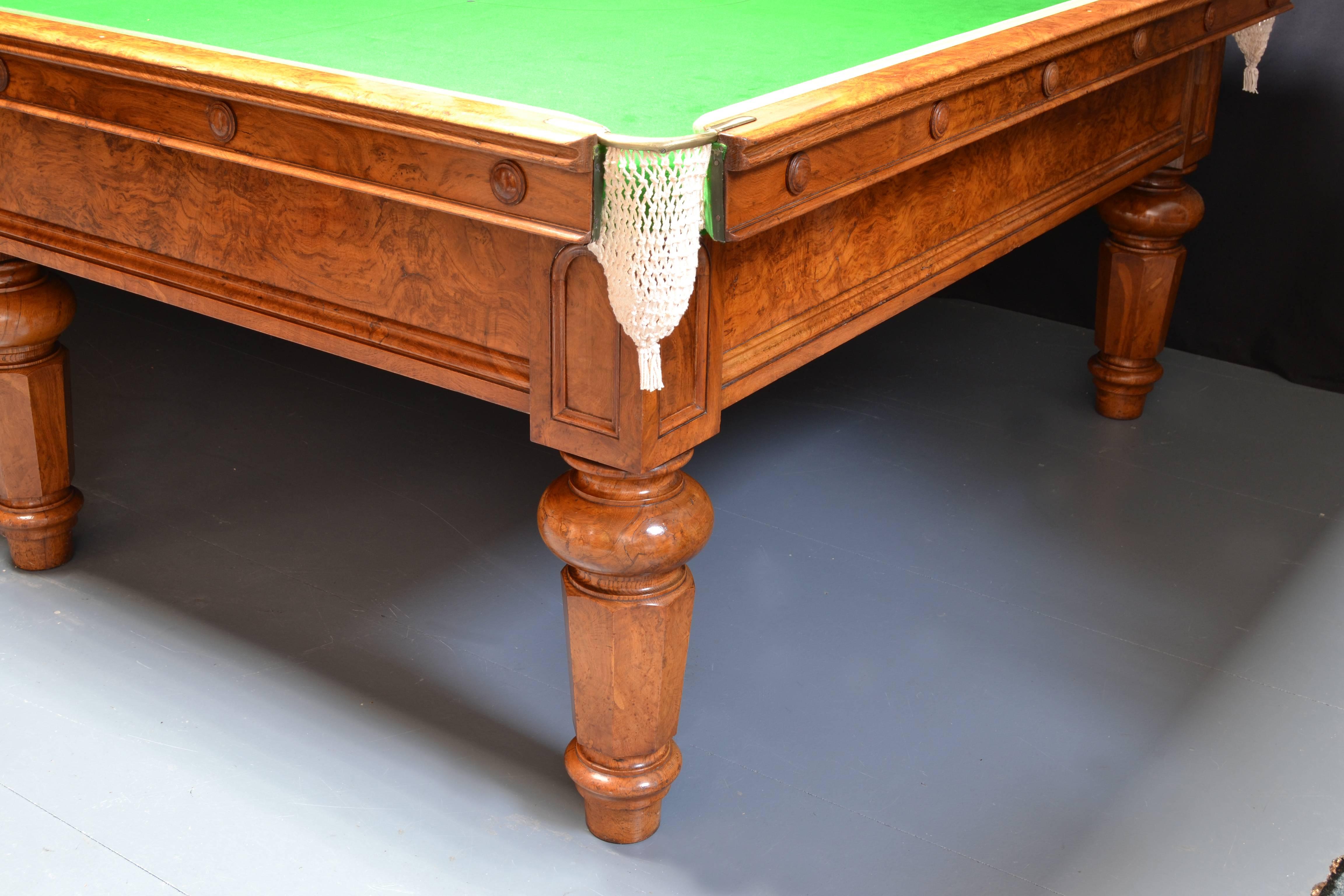 This fabulous full size Billiard Snooker table was made circa 1860 from exquisite cuts of pollard oak, it is a rare find and the only pollard oak billiard table we have ever owned. 

Standing on eight turned octagonal legs featuring  arched panelled