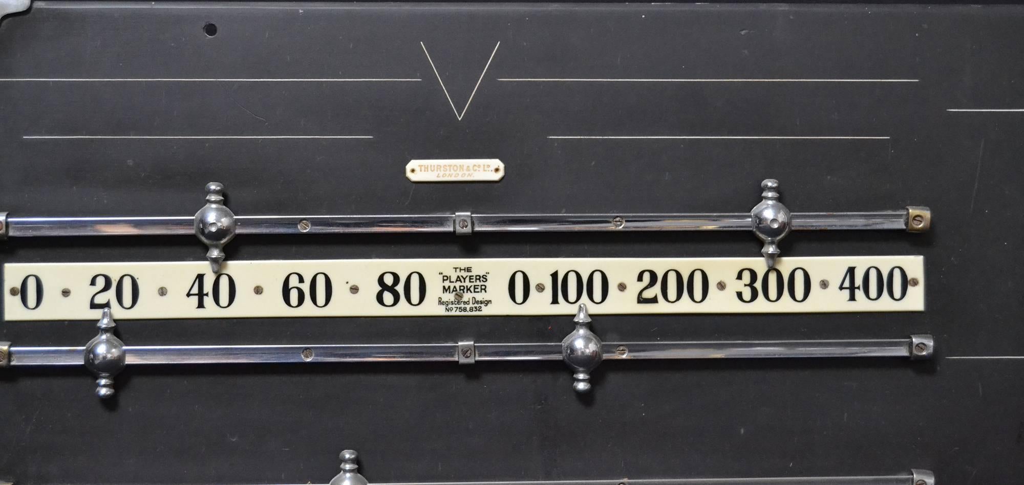 An extremely rare solid slate antique billiard - snooker scoreboard with nickel-plated rails and pointers, stylized italic numbers and al chalk holding pouch,
circa 1910.

Billiard Room Ltd Bath