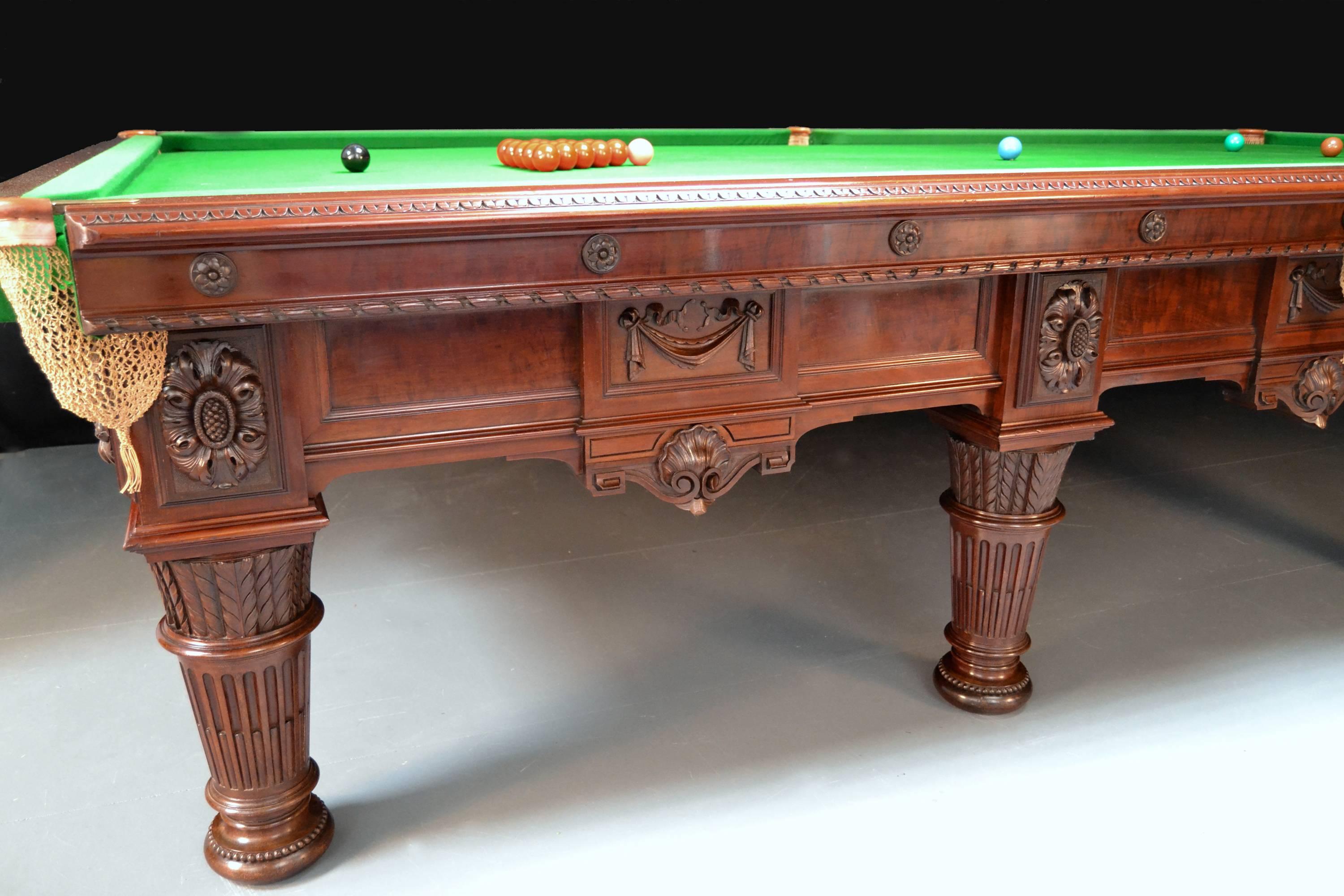 Billiard snooker pool table carved mahogany victorian 1894 english antique  In Excellent Condition For Sale In Chilcompton, Radstock