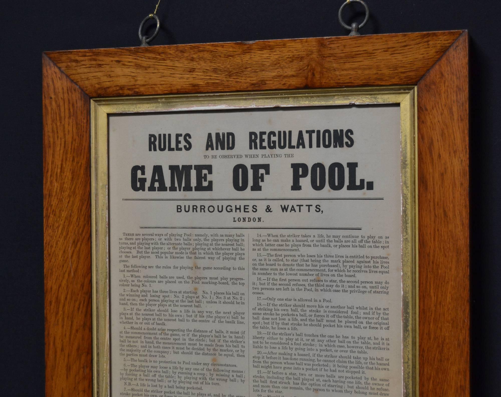 Victorian English Country House Set of Billiard and Pool Rules, 1875