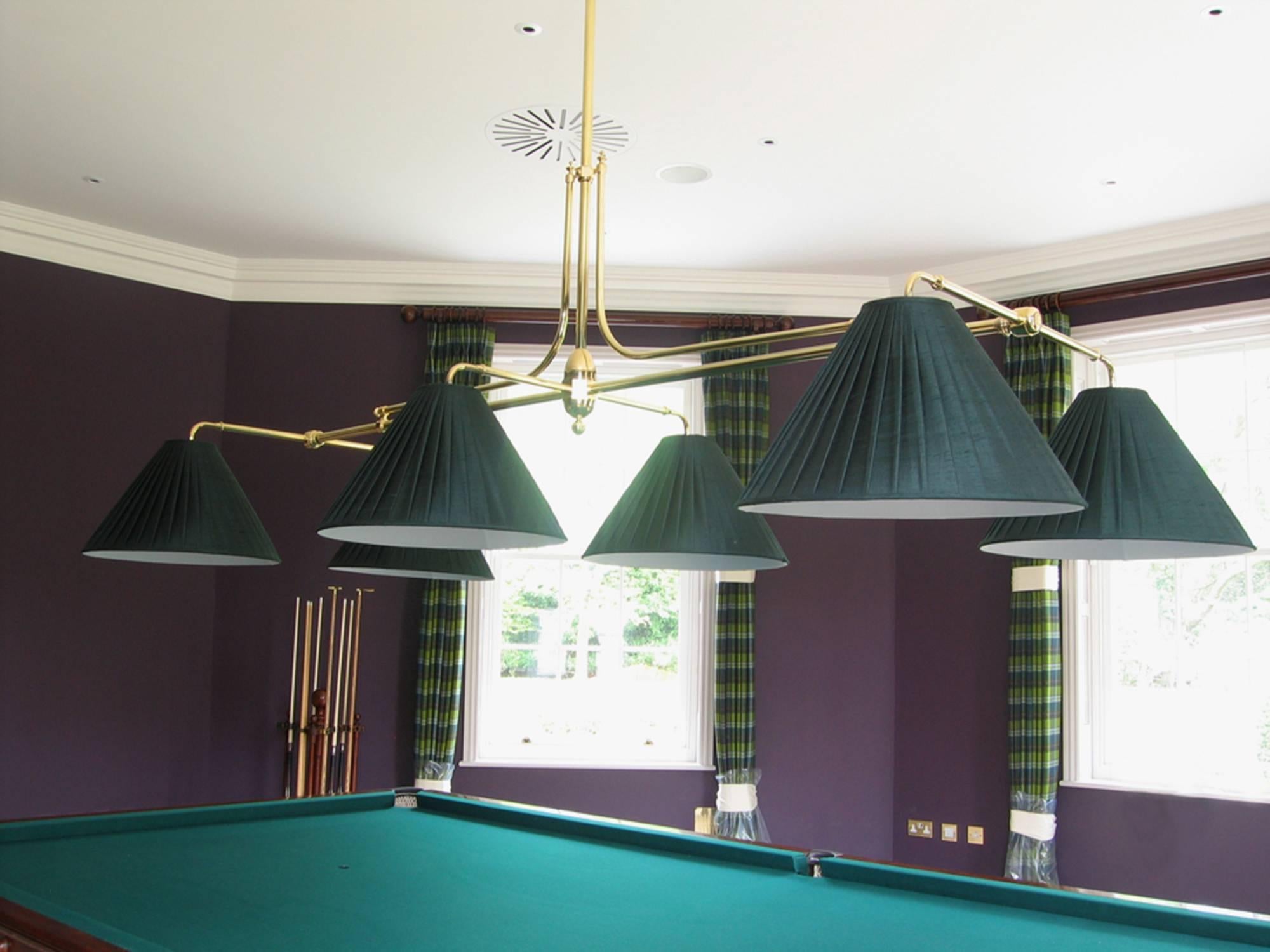 We manufacture these new bespoke lights to order and they can be scaled to fit any size Billiard, Snooker or pool table, we can also supply the traditional silk shades, a range of silk colours are available. The lead time is 6 to 8 weeks.