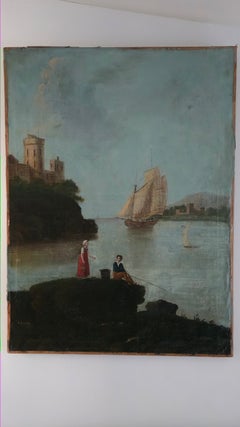Pintura al óleo marinera de estilo ingenuo del siglo XVIII, arte provincial francés