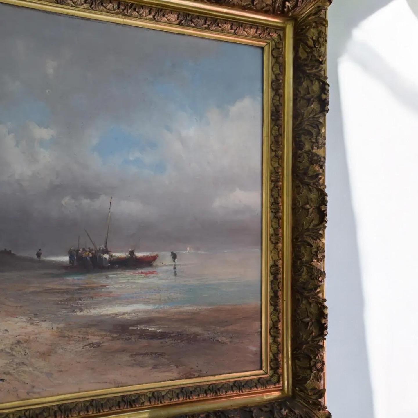 Émile Godchaux 1900’ French ocean Scene Beached Boat and Figures Oil on Canvas For Sale 13