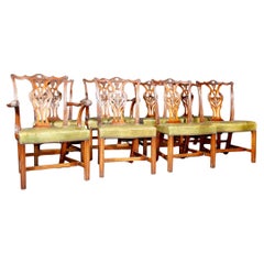 Set of 6 chairs , 2 armchairs green leather and wood English made