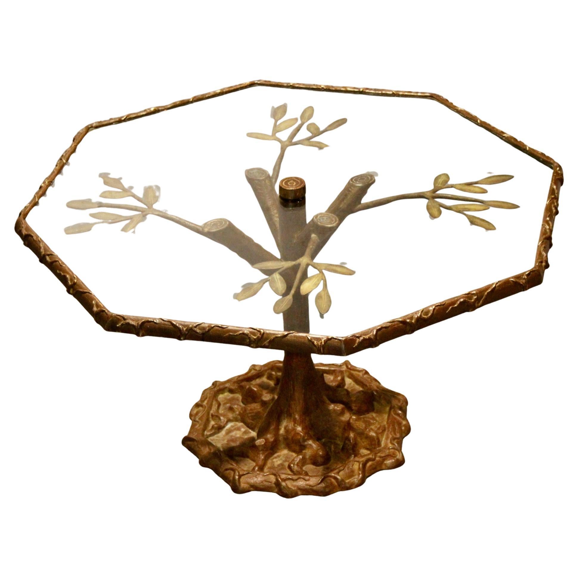 Table sculpture en bronze "Tree", fabriquée à la main en Italie, avec plateau en verre en vente