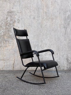 1950er Schaukelstuhl aus Leder mit Nähten von Jacques Adnet