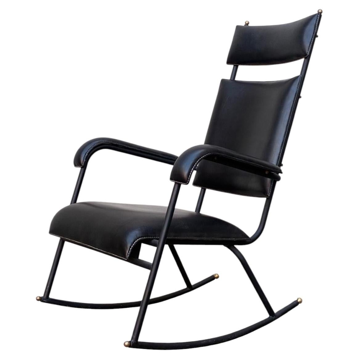 1950's Stitched leather rocking chair by Jacques Adnet For Sale