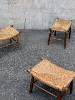 Set di 3 sgabelli in paglia e legno