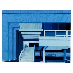 Wall painting representing an university in blue color signed and dated 1980