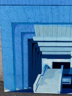 Wall painting representing an university in blue color signed and dated 1980