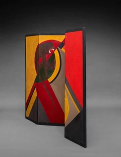 A 1930s Pavatex folding screen featuring two stylized monkeys painted