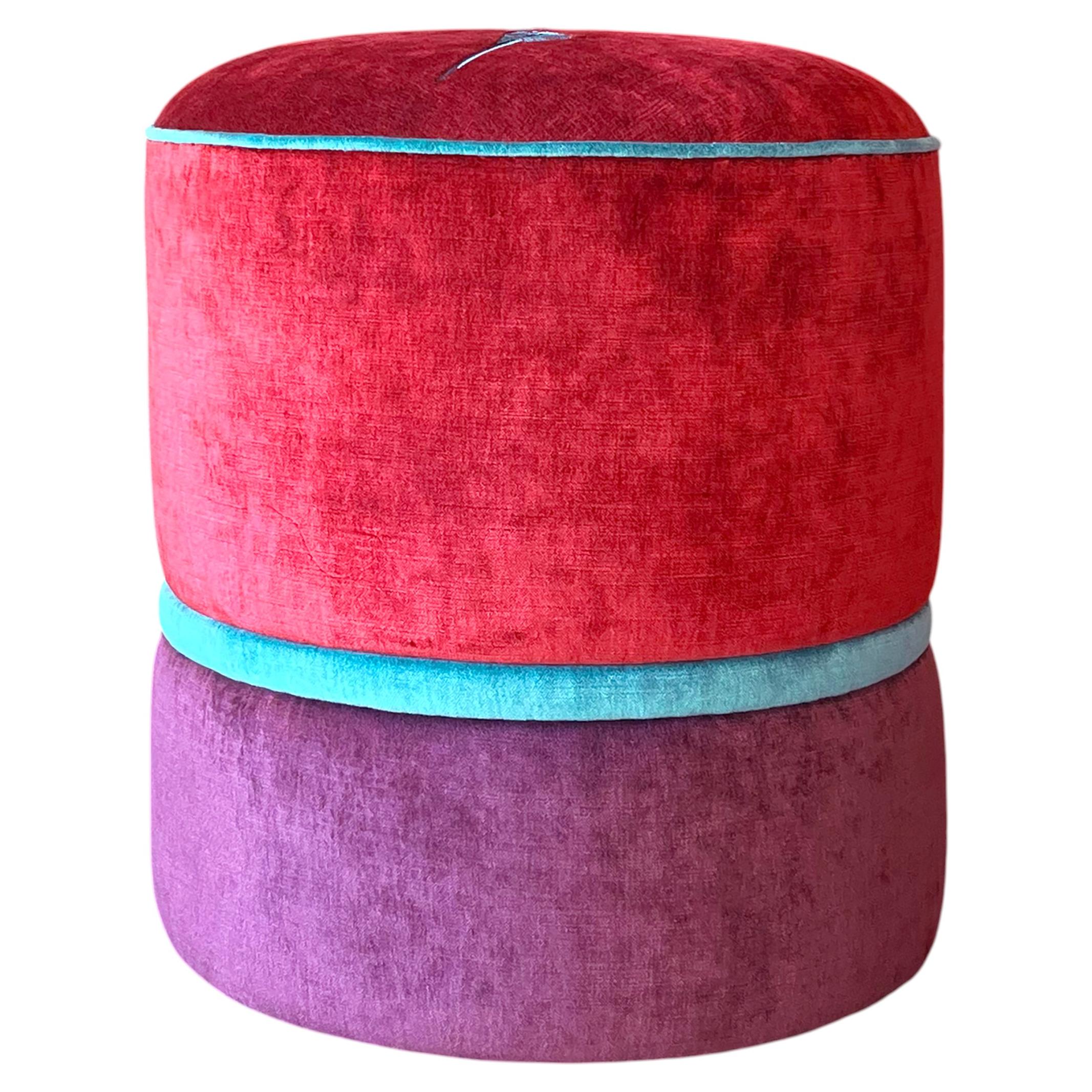 Handcrafted red and purple velvet embroidered pouf