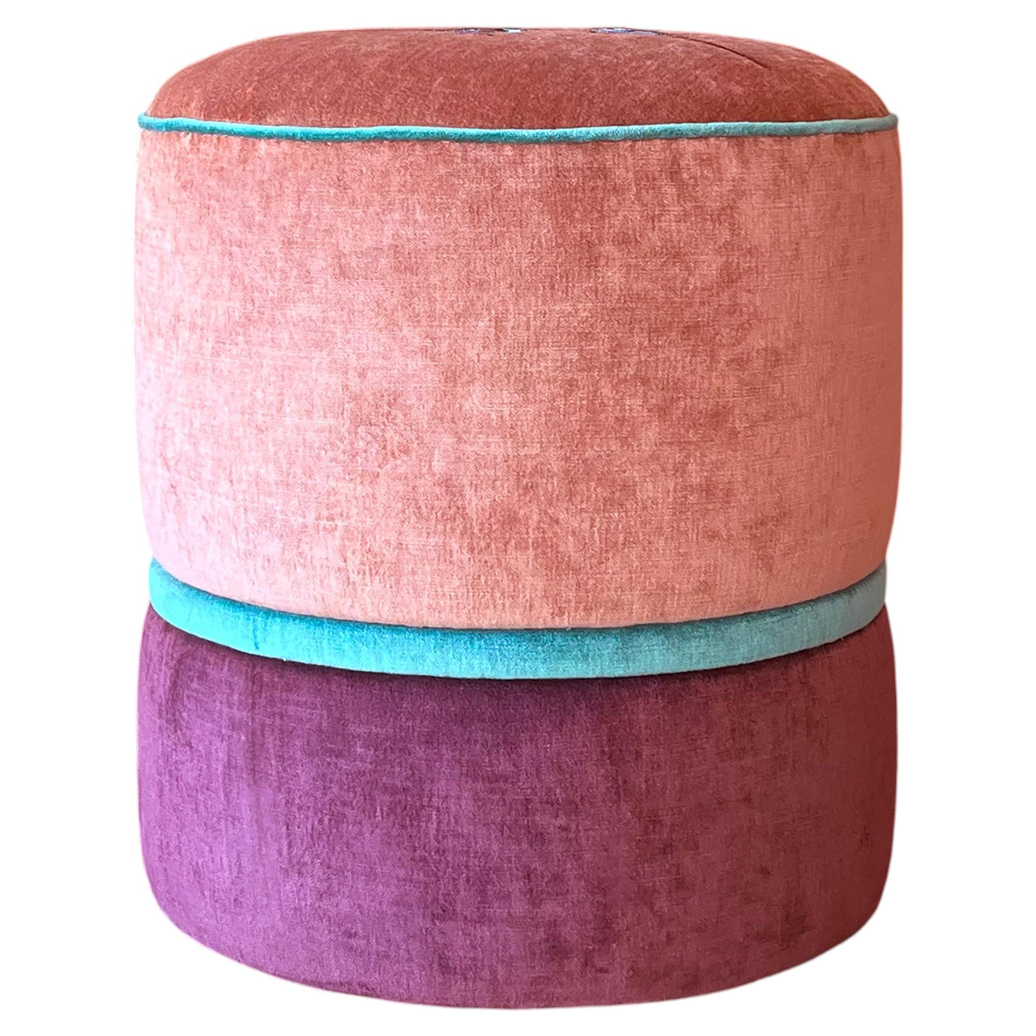 Handcrafted pouf embroidered in pink and purple velvet