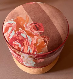 Handcrafted Velvet Pouf with Red and Brown Floral Pattern by Carlotta Oddone