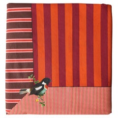 Handcrafted Cotton Striped Tablecloth with Little Birds by Carlotta Oddone in Boho Style