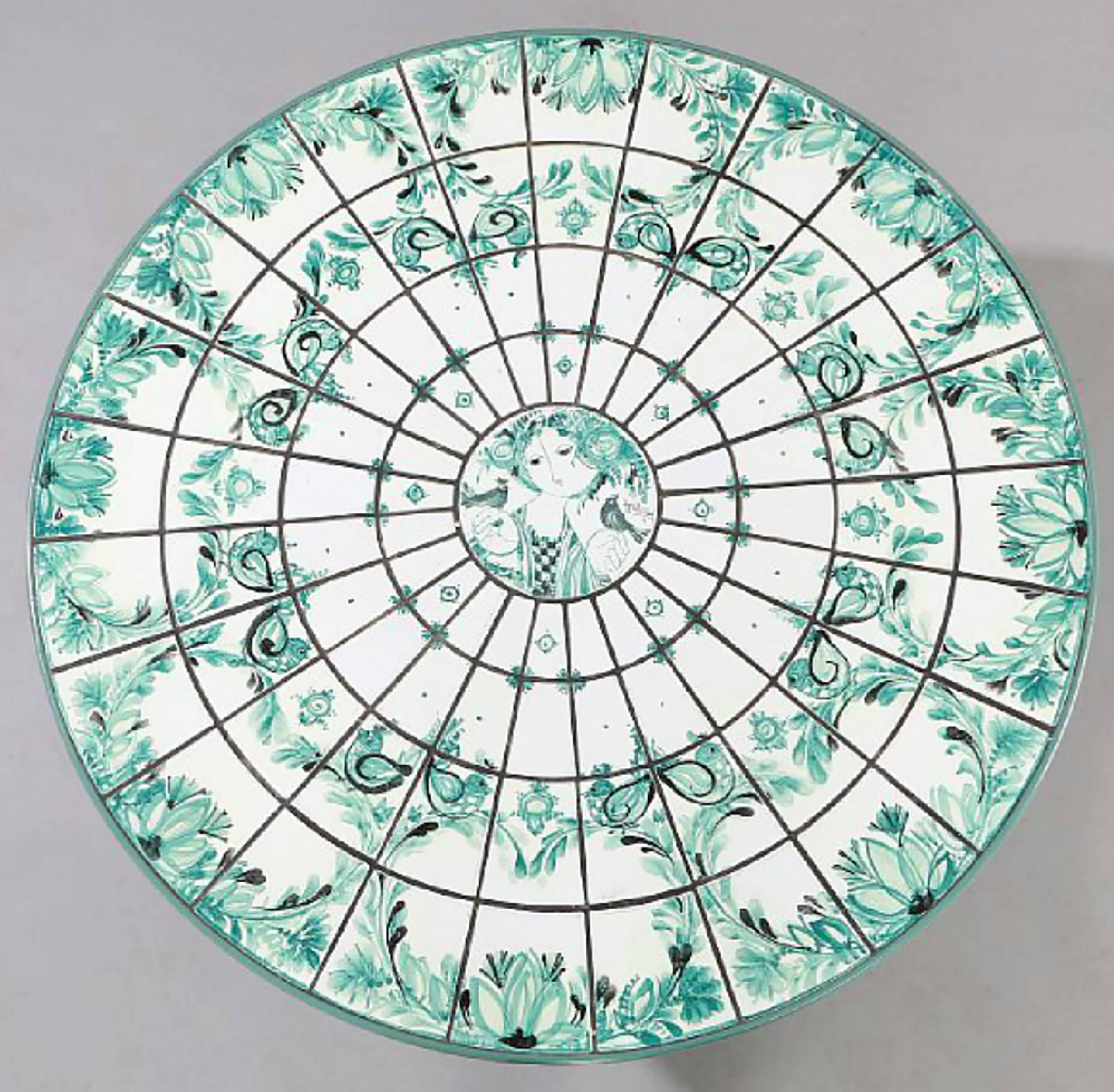 A round coffee table with hand-painted and glazed ceramic tiles, signed Bjorn Wiinblad. Frame in turquoise lacquered wood, Denmark, late 1970s.