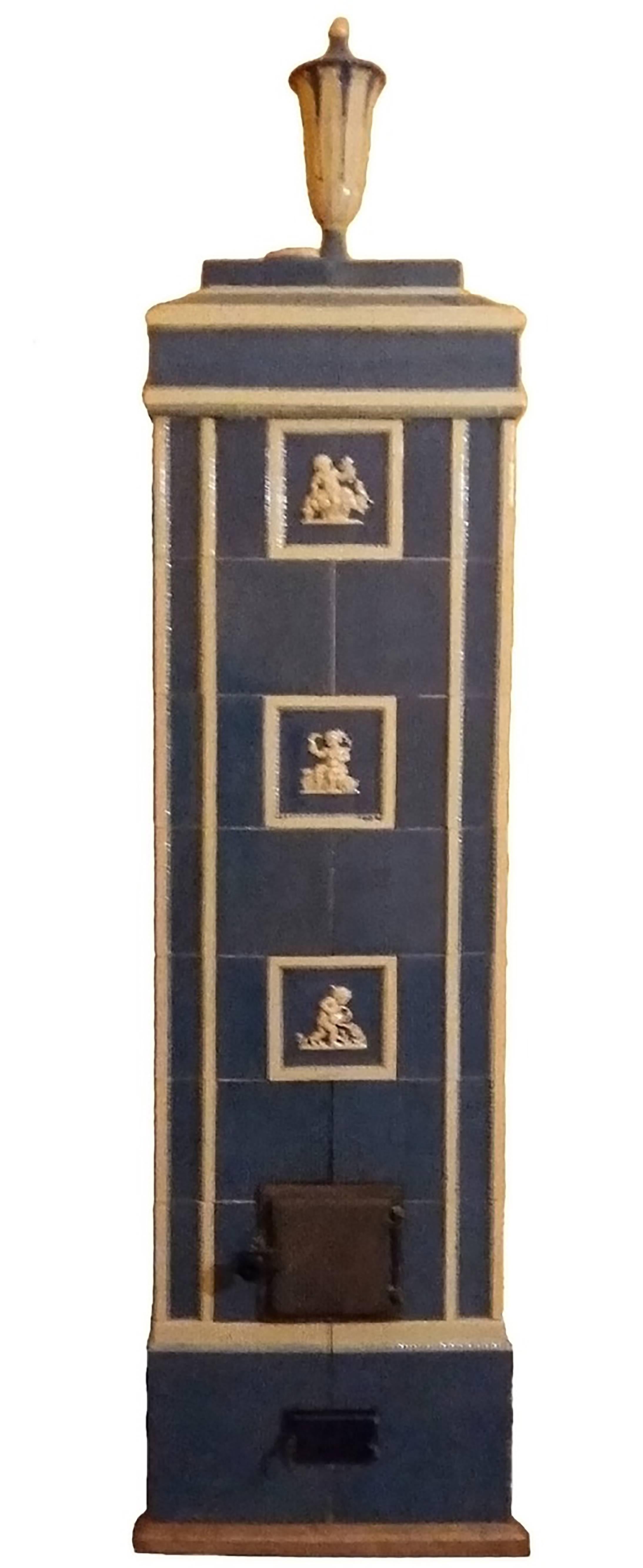 Vienna Secession Tile Stove in Prussian Blue and White by Michael Powolny, Austria 1910. For Sale