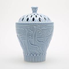 Tall Porcelain Jar in Sky Blue Glaze with Animal Details by Gunnar Nylund