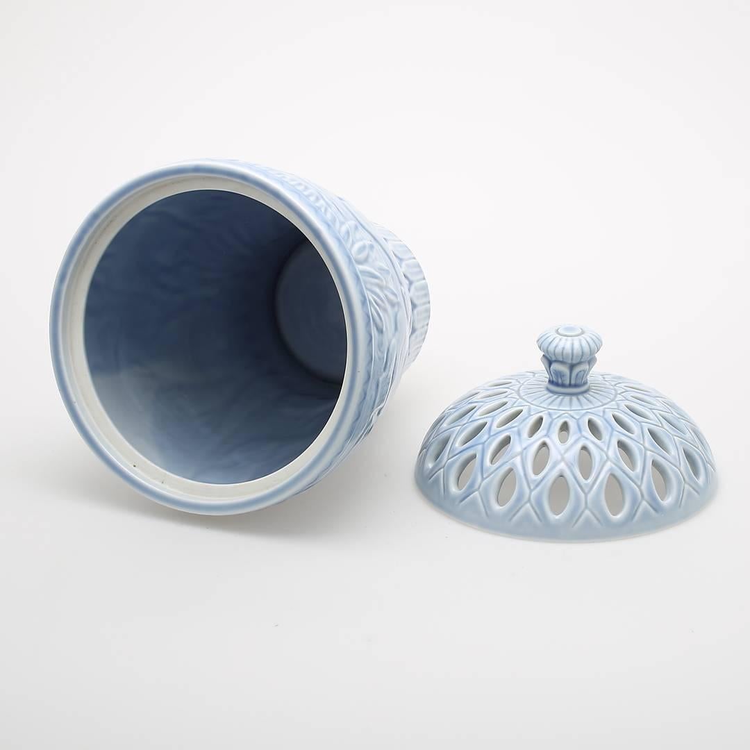 Glazed Tall Porcelain Jar in Sky Blue Glaze with Animal Details by Gunnar Nylund For Sale