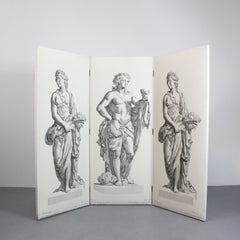 Three-panel folding screen, upholstered in canvas featuring prints of figures