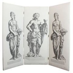 Three-panel folding screen, upholstered in canvas featuring prints of figures