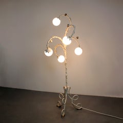 Five-light wrought iron floor lamp with floral motifs, lacquered in white