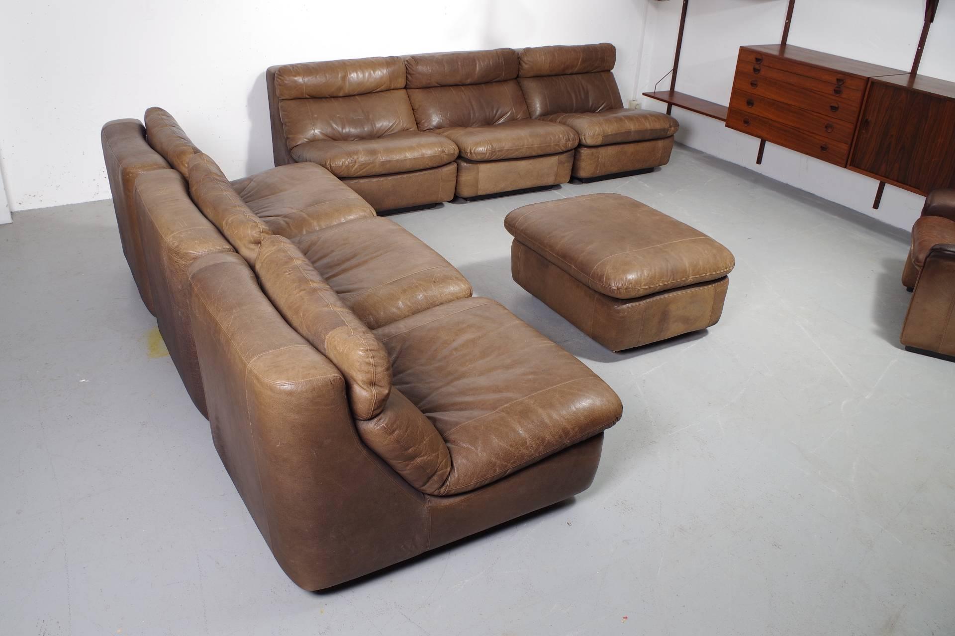 Mid-Century Modern Brown Leather Sectional Sofa with Hocker For Sale