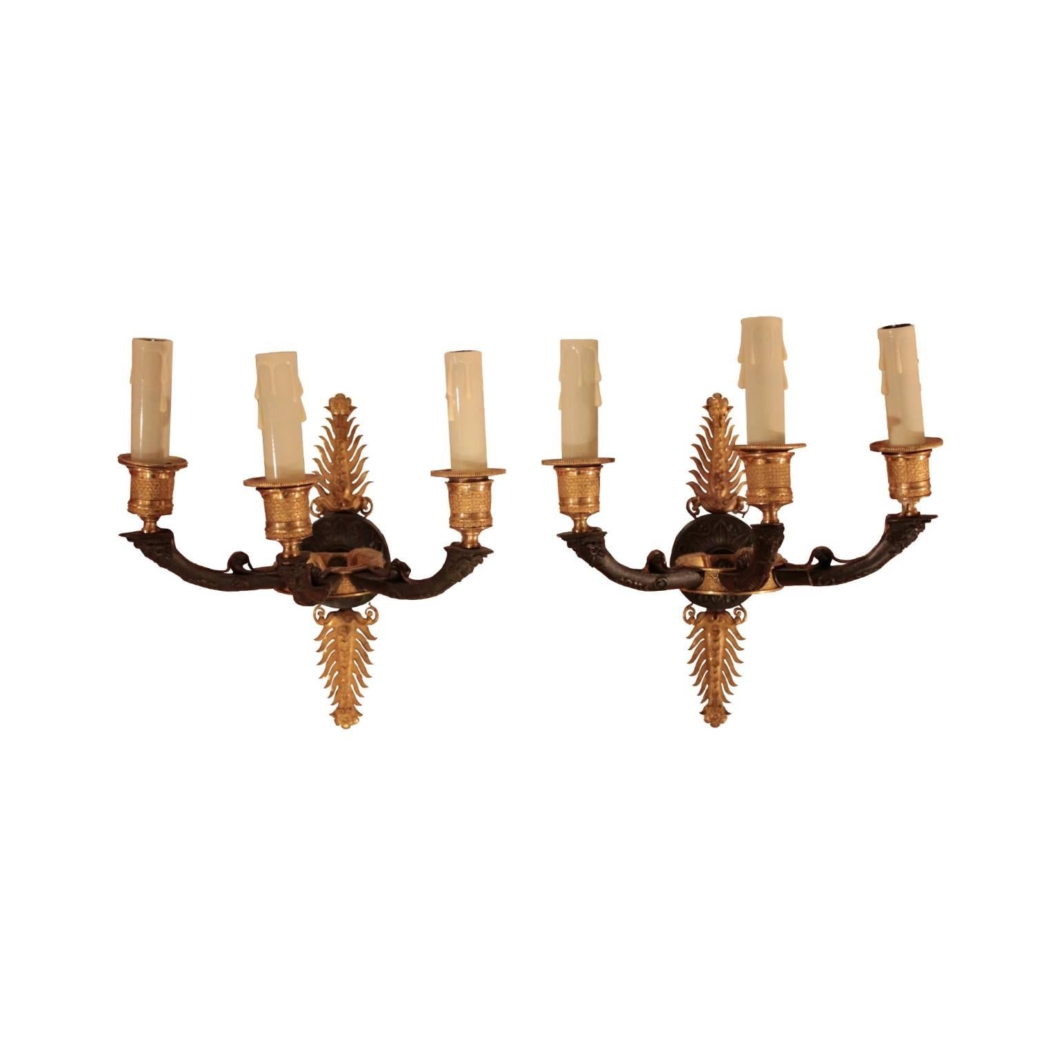 Pair of French Empire Period Bronze Wall Sconces For Sale