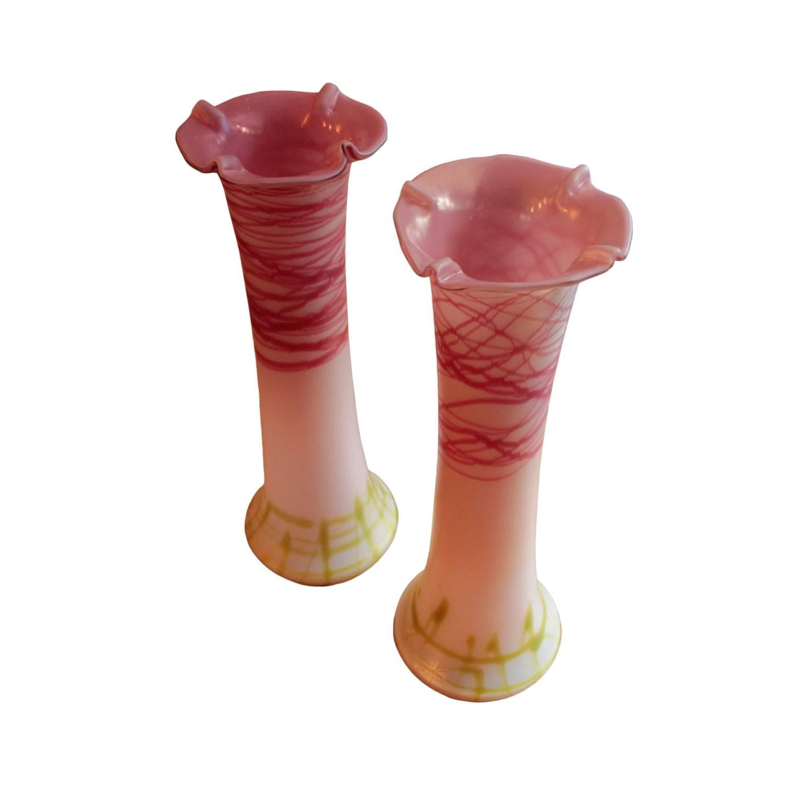 Art Nouveau Tall Bohemian Jugendstil Period Pair of Vases by Glasfabrik Elisabeth For Sale