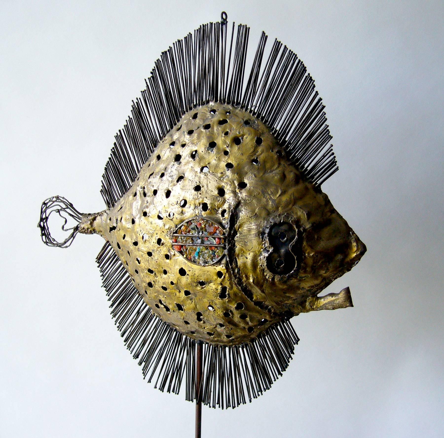 Large-scale handmade brass and glass mosaic modernist fish sculpture created by Emaus. Emaus is the name of the workshop of the Benedictine Monks of Cuernavaca in the State of Morelos in Mexico. Sculpture measures 32