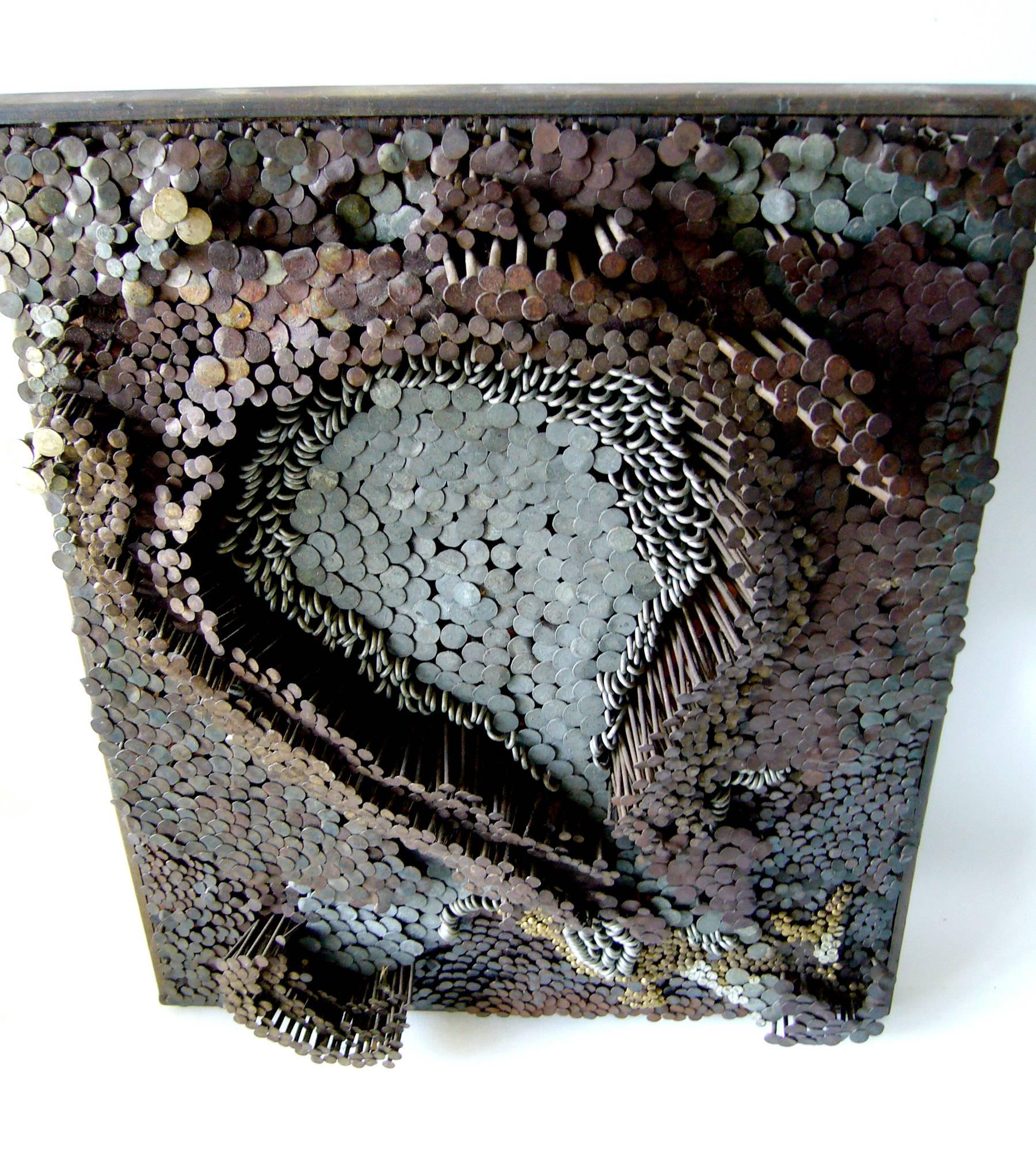 One of a kind, handmade nail art sculpture by artist Knappow. Piece measures 17" by 13" and is signed on reverse Knappow, 67. In very good vintage condition.