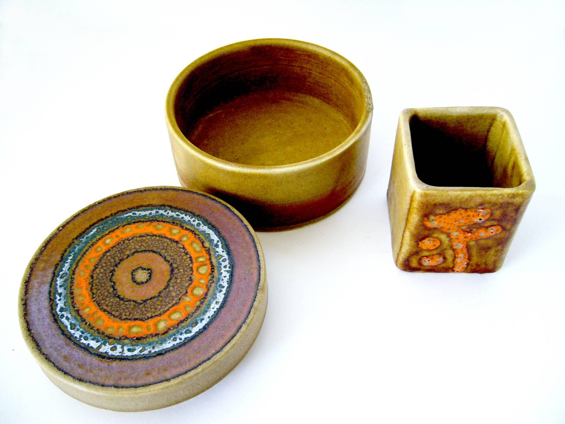 Ceramic covered box with target design and cup desk set created by Bruno Gambone of Florence, Italy. Box measures 5.5
