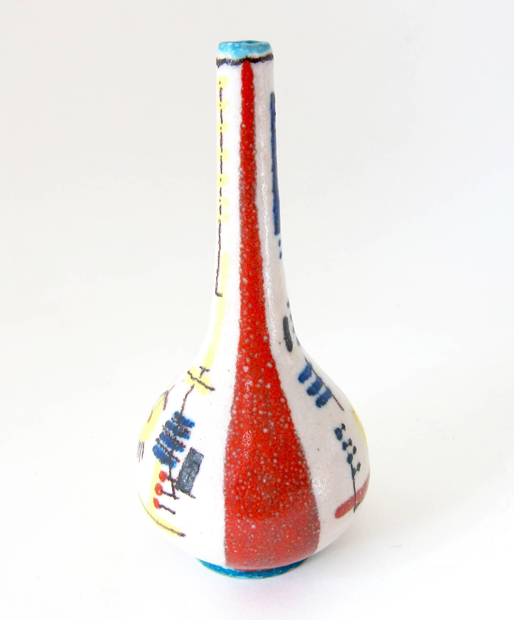 Italian modernist bud vase with foamy glaze and abstract design created by Guido Gambone of Florence, Italy.  Vase measures 6