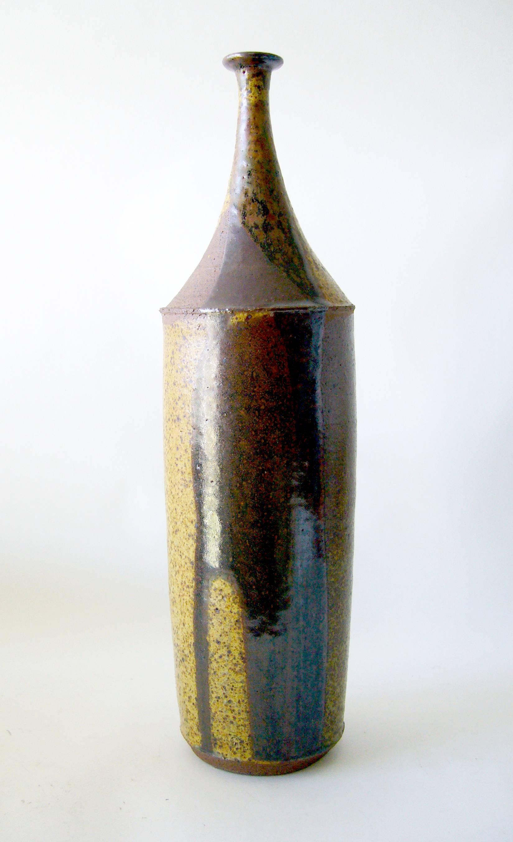 Stoneware bottle vase with drippy glaze created by William Creitz of California. Large in scale, the piece measures 17