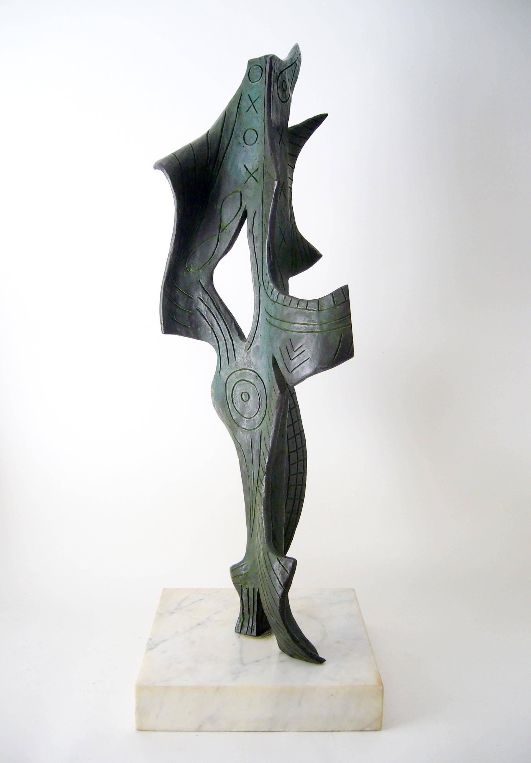 Mid-Century Modern 1950s Surrealist Modern Patinated Bronze on Marble Base Sculpture For Sale