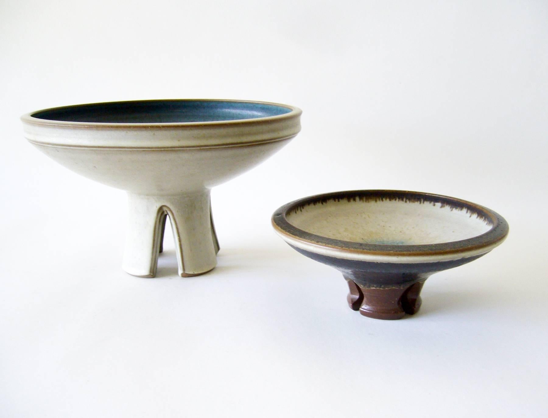 Pair of stoneware compotes created by Rupert Deese of Claremont, California. Larger of the two measures in 8