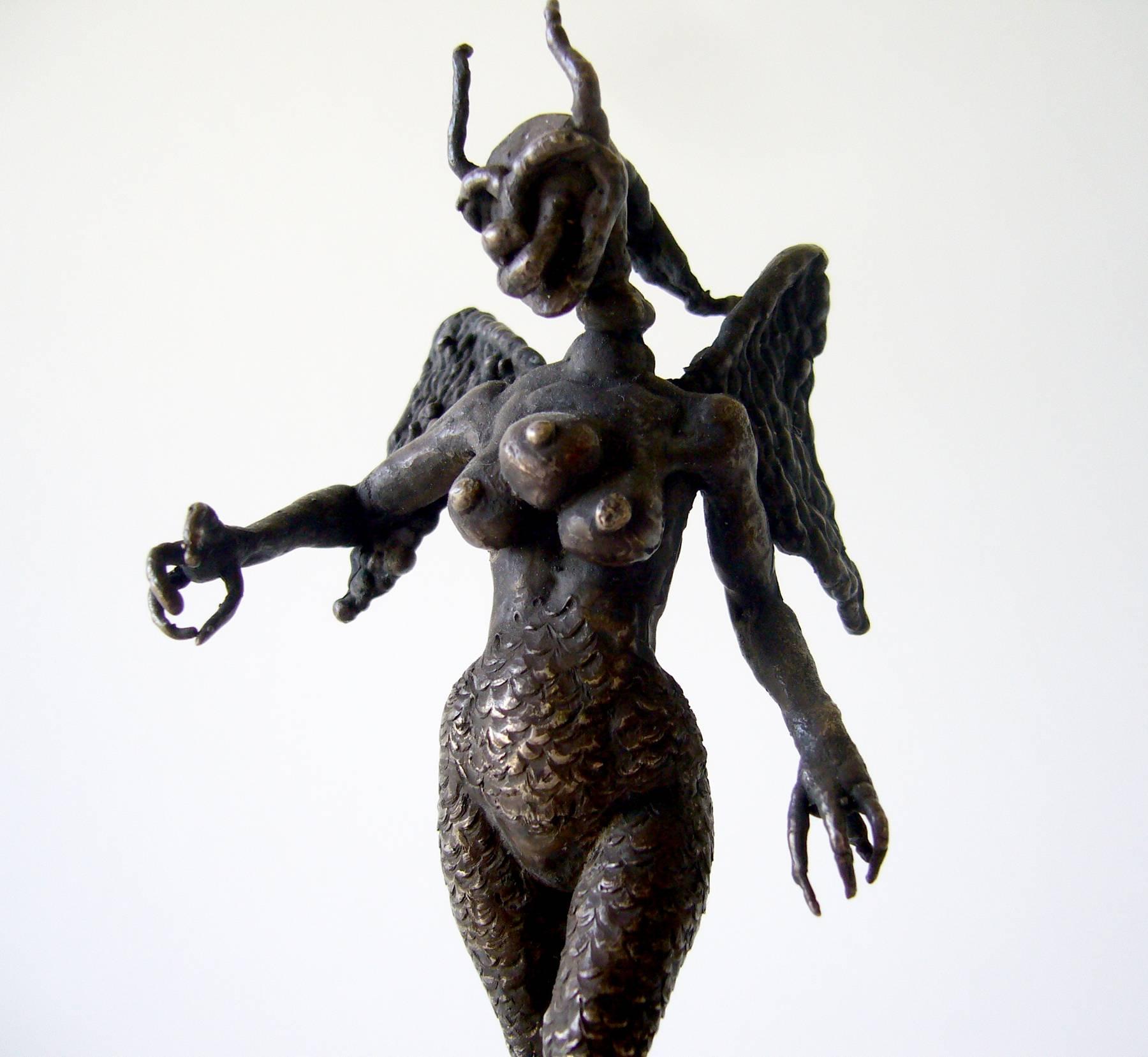 Mid-Century Modern Ernesto Gonzalez Jerez Surrealist Silver Winged Demonic Woman Sculpture