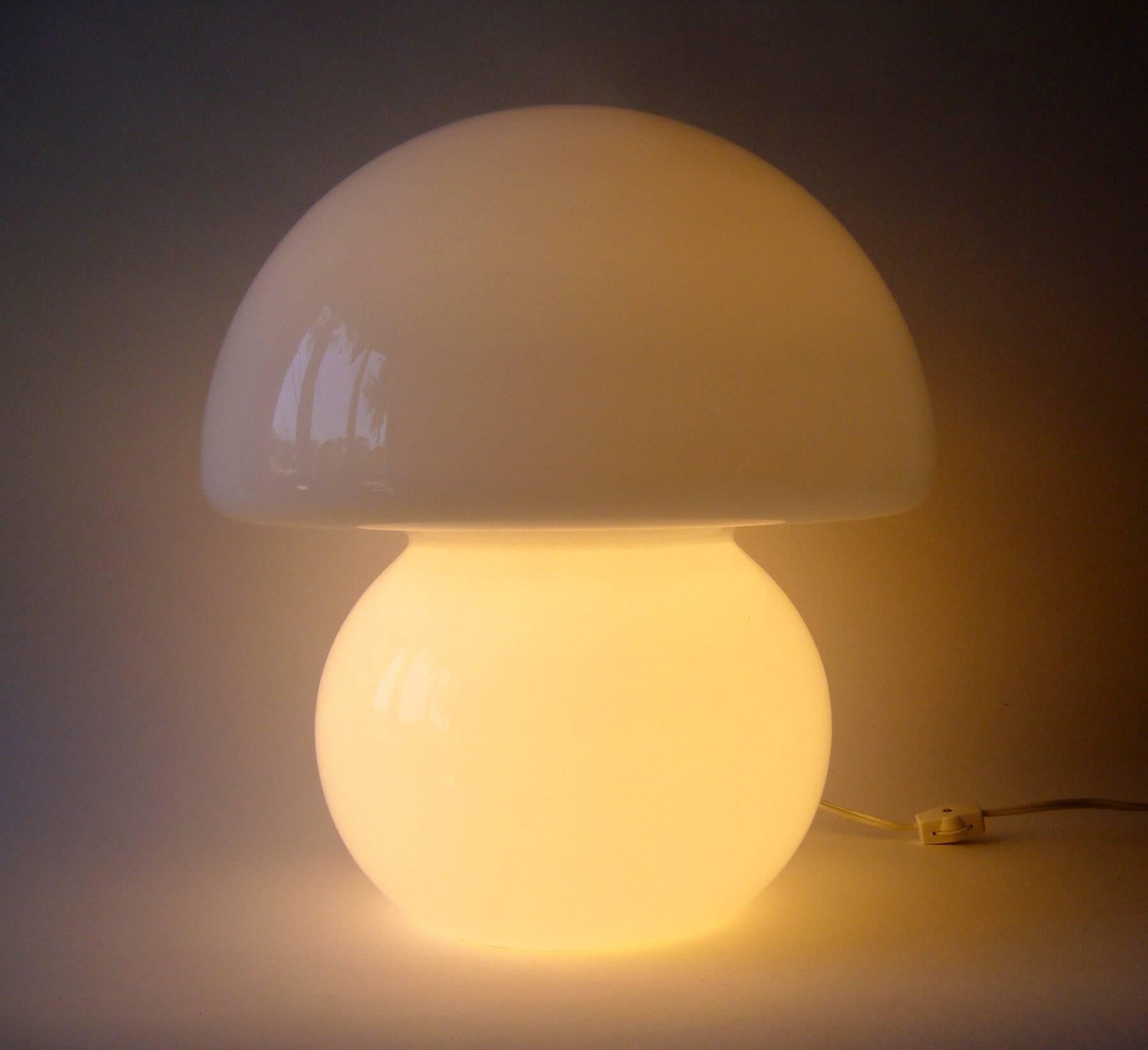 Molded glass lamp, possibly made by the lighting company, Vitri. Lamp measures 14.5" x 13" and has one socket for soft lighting on bottom portion. In very good vintage condition. Unsigned.