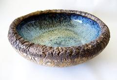Mid Century Modernist Glazed Stoneware Moon Crater Bowl