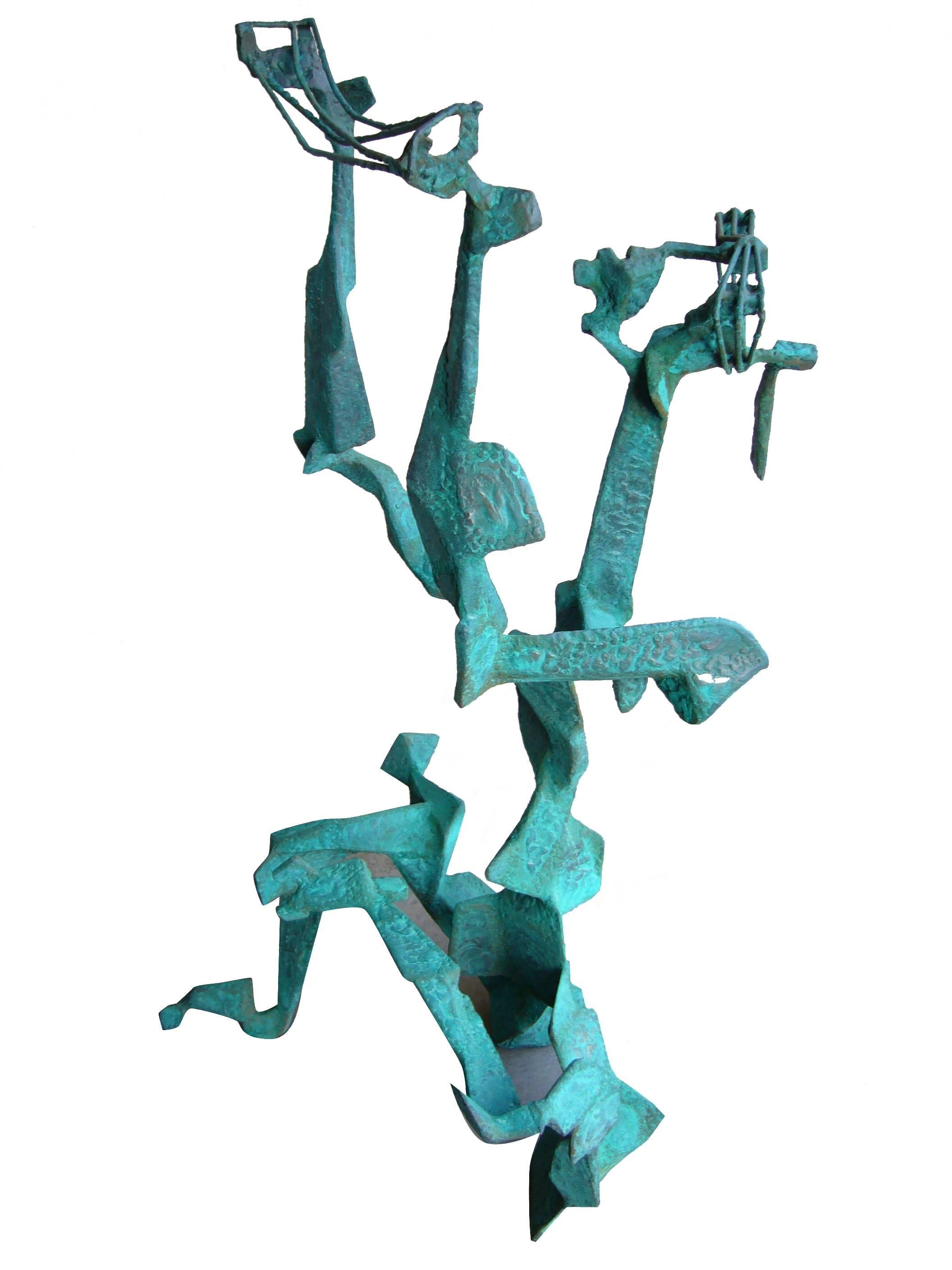 Large-scale abstract modern sculpture made of patinated metal, circa 1950s. Sculpture depicts an adult figure playing the child's string game of Cat's Cradle, blindfolded. Sculpture measures 47