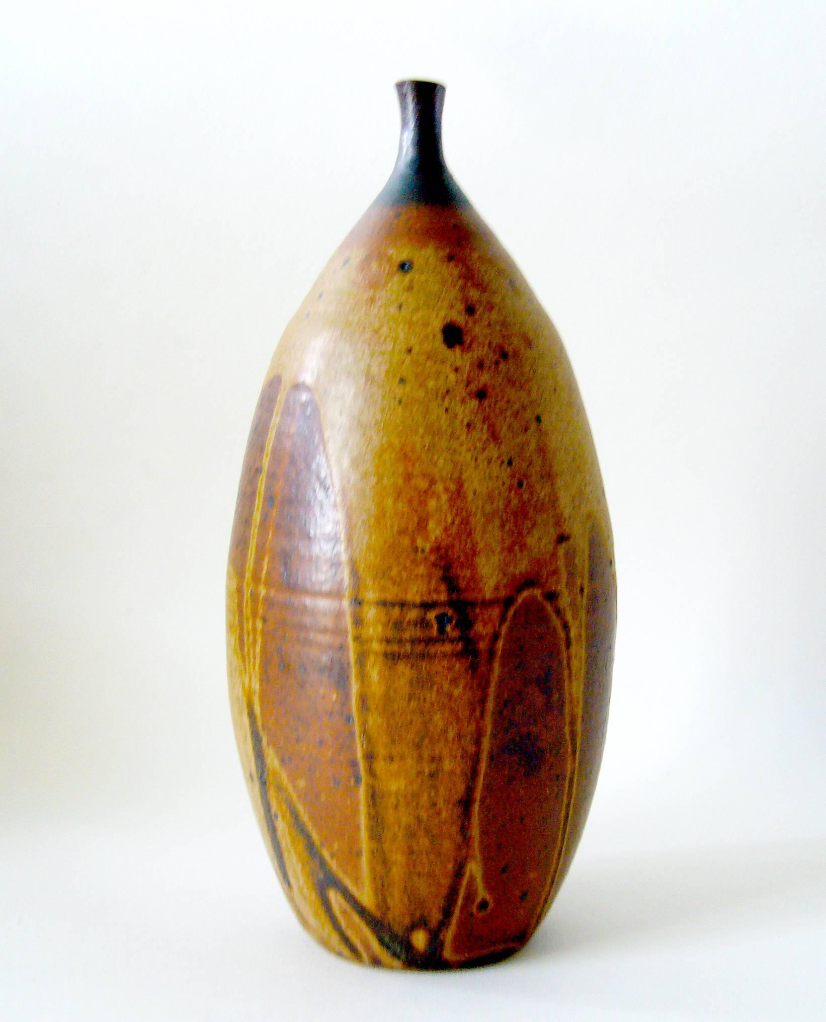 Mid-Century Modern 1970s Signed Modernist Studio Glazed Stoneware Bottleneck Vase