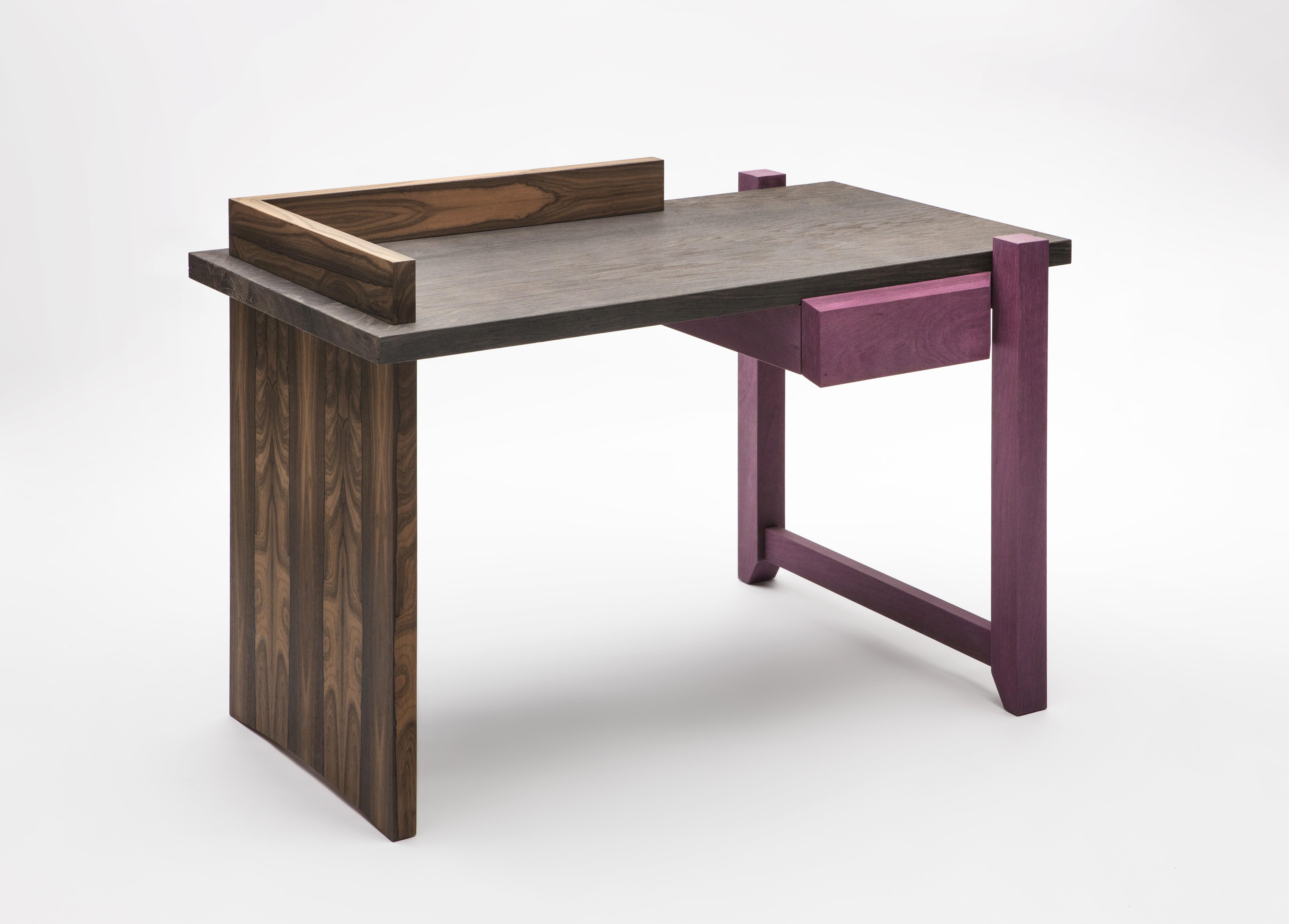 Italian Scrittoio desk in ziricote wood, purpleheart, and fossil oak by Antonio Aricò For Sale