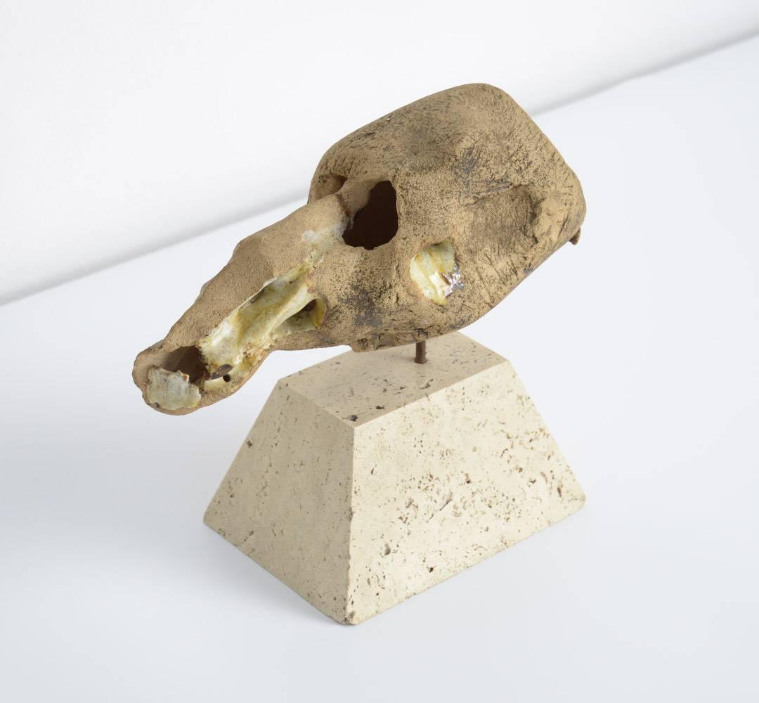 This special 1970s sculpture looks like an animal skull.
It is created in ceramic with poor enamel.
It is made in the manner of Arte Povera and inspired by the old theme Vanitas.
The ceramic ‘skull’ is mounted on a travertine base.
It marked FR.