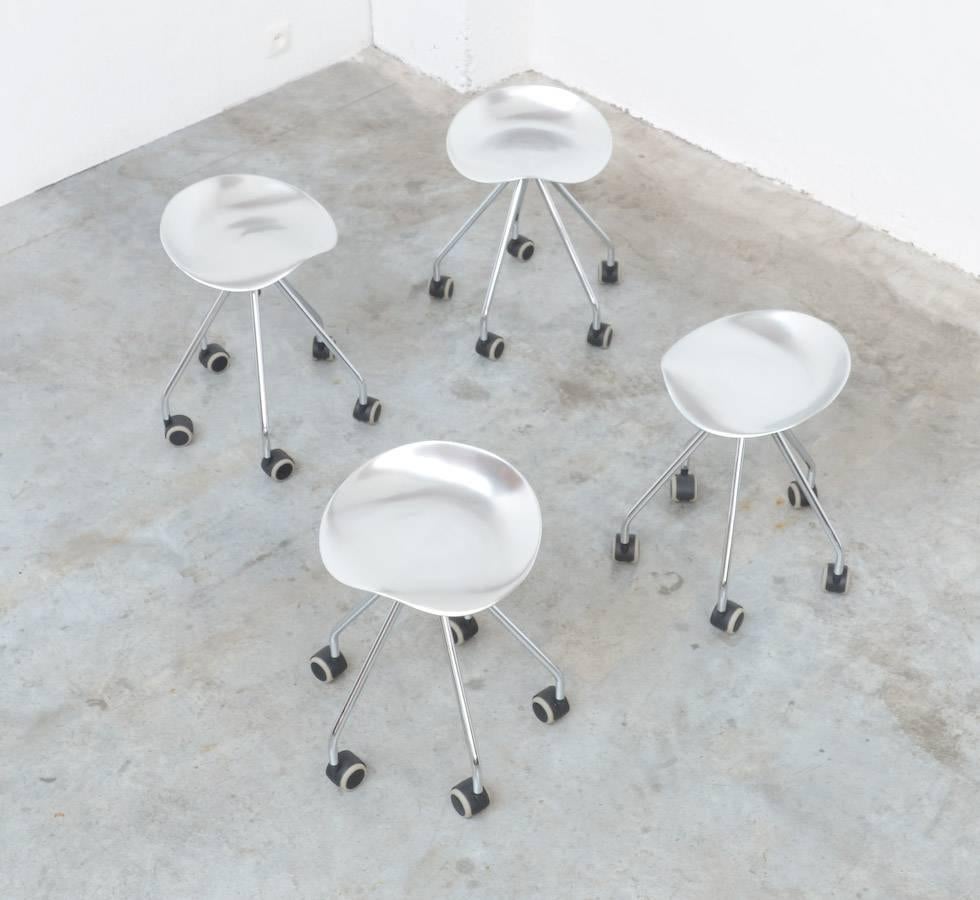 The Jamaica low stool is a spirited and functional design from the Spanish designer Pepe Cortés in 1993. The stool has an exciting, assertive stance with a gracefully contoured tractor style seat perched on a tapered grouping of lightweight tubular