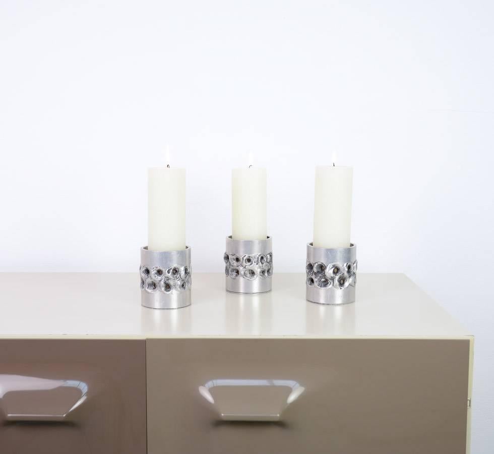 Trio of Brutalist Aluminum Candle Holders by Aluclair, Belgium 1