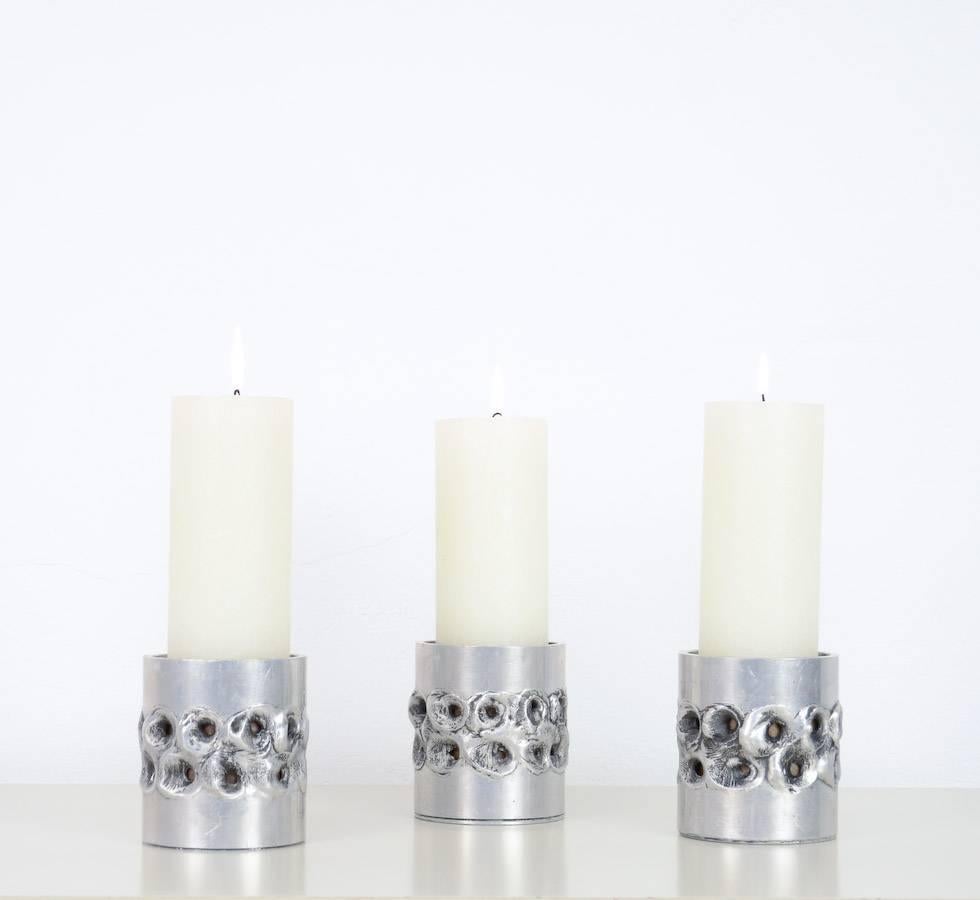 Trio of Brutalist Aluminum Candle Holders by Aluclair, Belgium 2