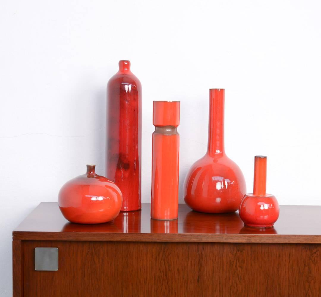 Red Ceramic Bottle-Shaped Vase by Perignem In Excellent Condition In Vlimmeren, BE
